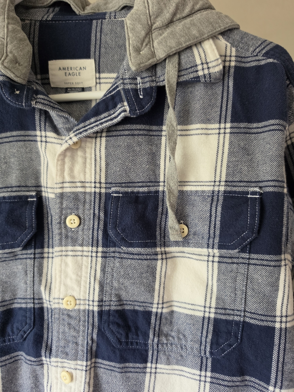 American Eagle Outfitters Navy and White Plaid Hooded Flannel Shirt - Picture 2 of 5